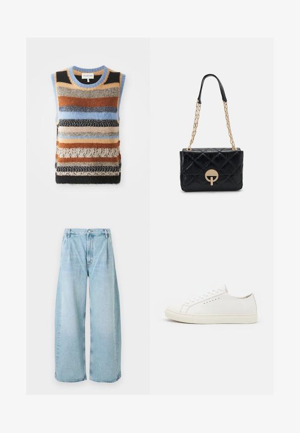 Knit sleeveless sweater featuring multicolored horizontal stripes in browns, blues, and creams; contrast textured and smooth sections.; Light blue wide-leg denim trousers with pleats at the front, a button closure, and straight hems, featuring a faded texture throughout.; White leather sneakers with a smooth texture, round toe, minimal eyelets, and a flat rubber sole. Simple design with no additional accents.; Black quilted leather handbag with a gold chain strap, featuring a circular clasp detail. Compact rectangular shape with a smooth texture.