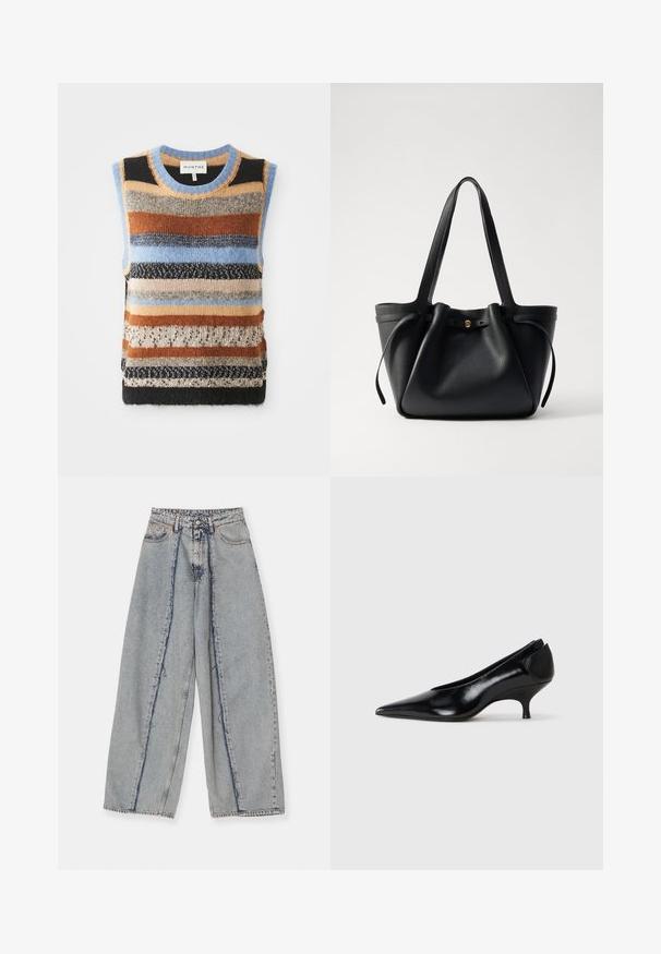 Kötött ujjatlan pulóver, amely több színben, barna, kék és krémszínű vízszintes csíkokkal díszített; kontrasztos textúrájú és sima részekkel.; Világoskék, bő szárú farmernadrág frayed élekkel, magas derekú, kontrasztos varrással. Denim anyagból készült, laza fazonnal és minimális kopással.; Fekete bőr magassarkú cipő hegyes orral, alacsony sarokkal, letisztult formával és sima textúrával. Slip-on stílusú, látható hardver nélkül.; Fekete bőrtáska két hosszú pánttal, összehúzott tetejével és arany kör alakú díszítéssel. Sima felület, minimalista design.