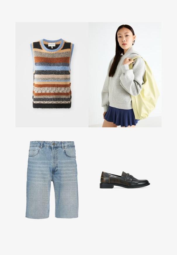 Pull sans manches tricoté présentant des rayures horizontales multicolores dans des tons de marron, de bleu et de crème ; sections texturées en contraste et lisses.; Shorts en jean bleu clair, dotés d'un design classique à cinq poches, fermeture à bouton, coupe droite et détail de décoloration subtil sur le tissu.; Mocassins en cuir noir avec une finition marron texturée, dotés d'une sangle sur le dessus, d'un petit talon carré et d'un bout arrondi lisse.; Sweat-shirt oversized gris avec une poche kangourou, associé à une jupe évasée marine. Accessoire : grand sac à dos jaune clair, texture lisse.