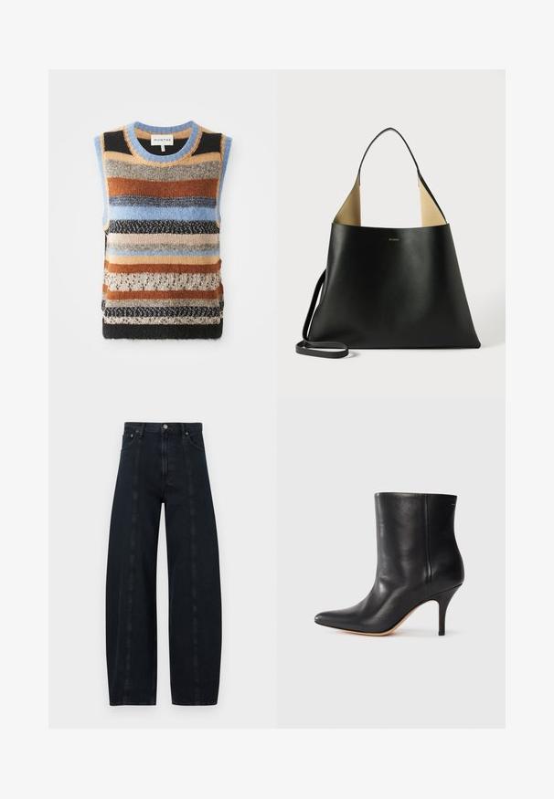 Pleteni top bez rukava s višebojnim horizontalnim prugama u smešnim, plavim i kremastim tonovima; kontrastne teksturirane i glatke sekcije.; Široke tamne traperice s visokim strukom, s kontrastnim šavovima i klasičnim stilom s pet džepova. Glatka tekstura, bez vidljivih uzoraka.; Crne kožne gležnjače s izdignutim nosom, uskim stiletto potpeticama i glatkom teksturom. Minimalistički dizajn bez vidljivih hardverskih elemenata ili ukrasa.; Crna kožna torba s prostranim, kutnim dizajnom. Ima unutrašnjost u kontrastnoj tamnocrvenoj boji i tanke naramenice. Prikazano minimalističko brendiranje.