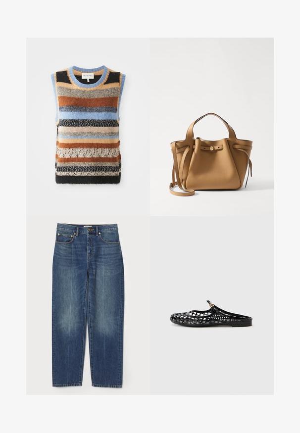 Megztas be rankovių sv sweateris, papuoštas daugiakampėmis horizontaliomis juostomis rudais, mėlynais ir kreminiais atspalviais; kontrastingos tekstūros ir lygūs plotai.; Mėlyni aukšti tiesaus kirpimo džinsai su priekinėmis ir galinėmis kišenėmis, diržo kilputėmis, sagčių uždarymu ir subtiliais išblukimo akcentais ant kojų.; Tory Burch MELLOW MARY JANE - Pantoletai - perfect black/gold; Tory Burch ROMY PEBBLED SATCHEL - Rankinė - tiramisu