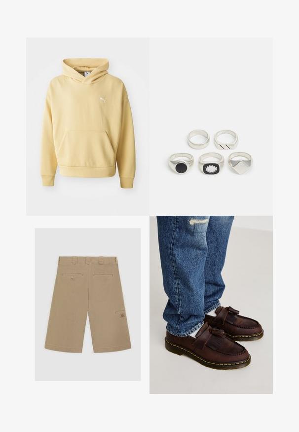 Gelbe Kapuzenjacke aus weichem Stoff, mit einer vorderen Kängurutasche und einem weißen Logo auf der Brust. Mit einer Kordelzugkapuze.; Helle braune Shorts mit flachem Bund, zwei Gesäßtaschen und einer Seitentasche. Aus glattem Baumwollstoff gefertigt.; Braune Lederloafers mit Quastenakzenten, die ein gesticktes Design und eine gelbe Gummisohle aufweisen. Kombiniert mit blauen, ausgewaschenen Jeans.; Fünf silberne Ringe: einer mit einem schwarzen kreisförmigen Detail, einer mit einem weiß-schwarzen geometrischen Muster und andere mit verschiedenen Formen und Oberflächenbehandlungen.
