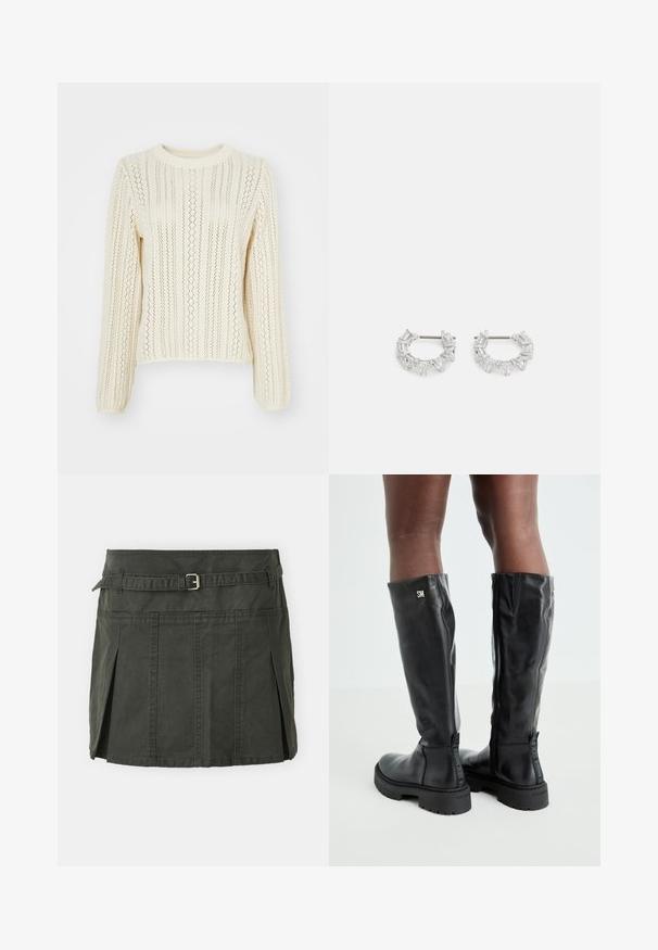 Kremfarget strikket genser med et teksturert mønster av vertikale striper og hullmønster; har lange ermer og rund hals.; Mørkegrønn, bomulls miniskjørt med en tettsittende midje, belte og frontfolder. Har sømdetaljer og en klassisk snitt.; Svart knelengde lærstøvler med en glatt tekstur, avrundet tå, kraftig såle og glidelås. Har sølvfarget logo på siden.; Sølv hoops øredobber med klare, rektangulære og trekantede krystaller arrangert i et mønsterdesign. Stifter for sikker feste.