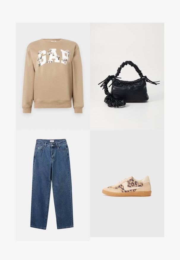 Beige sweatshirts valgete "GAP" tähtedega, millel on üle rinna valgest ja oranžist lillemustrist kaunistused, pika varrukaga, soonikute ja äärega.; Klassikalised sinised denimists teksad otsejalaga disainiga, viie taskuga ja nööbisuletusega. Omab keskmist pesu ja tugevat tekstuuri.; Leopardi mustriga tossud, millel on beež sueded ülemine osa, pruuni kummist põhi ja valged aktsendid. Ümar nina ja lipsukujundus, millel on tekstureeritud viimistlus.; Must must sünteetilisest nahast käekott, millel on krokodillimuster, kokku tõmmatav ülaosa ja kortsus rihm. Tundub pehme ja kompaktne disain.