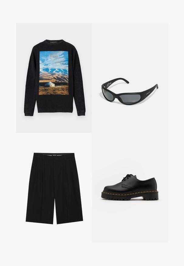 Melna sporta krekla ar krāsainu grafiku, kurā attēloti kalni un telts. Izgatavots no mīksta materiāla, ar apaļu izgriezumu un ribotiem piedurknes. ; YOURTURN SUMMERISH SUIT TROUSERS UNISEX - Šorti - black; Melnas ādas kurpes ar saistēm, noapaļota purngalu, ar teksturētu gumijas zoli un dzeltenu šuvju ap malu. Plakana forma un gluda apdare.; Melni saulesbrilles ar izliekto rāmi un tumšiem stikliem. Iespējojama matēta apdare un zīmola nosaukums "ARNETTE" sānos.