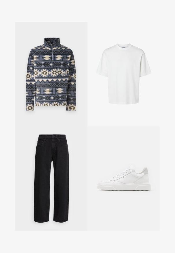 Jack & Jones JORIBIZA HALF ZIP - Pulover din fleece - night shadow blue; Tricou alb din bumbac, cu mâneci scurte, guler rotund și o croială lejeră. Textură netedă, fără modele sau accente vizibile.; Pantaloni negri din denim cu croi larg, cu talie înaltă, având cinci buzunare și închidere cu nasture. Materialul are o textură netedă și o ușoară elasticitate.; Adidași din piele albă cu un finisaj neted, vârf rotunjit, șireturi plate și o talpă texturată. Accente din piele întoarsă gri la călcâi.