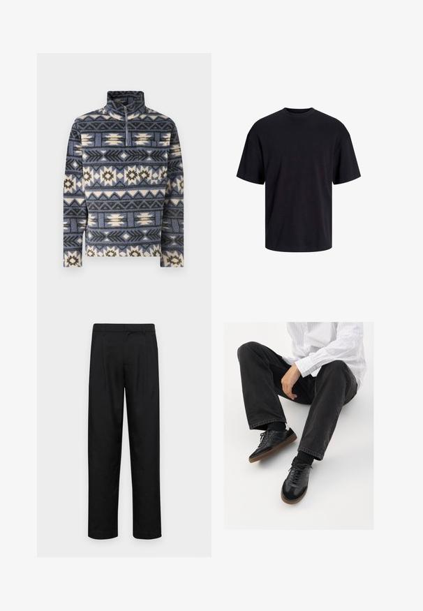 Jack & Jones JORIBIZA HALF ZIP - Fleecepullover - night shadow blue; Schwarzes Baumwoll-T-Shirt mit Rundhalsausschnitt, kurzen Ärmeln und lässiger Passform. Glatte Oberflächenstruktur und keine sichtbaren Muster oder Akzente.; Schwarze Hose aus glattem Stoff, mit geradem Bein Design, zwei vorderen Falten und einem Standardbund mit Gürtelschlaufen.; Schwarze Sneakers mit einer glatten und strukturierten Oberfläche, ausgestattet mit einer Gummisohle und dunklen Schnürsenkeln. Kombiniert mit schwarzen Jeans und einem gestreiften weißen Hemd.