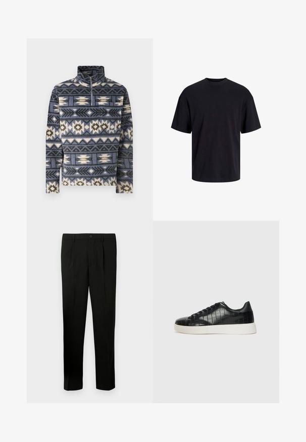Jack & Jones JORIBIZA HALF ZIP - Felpa in pile - night shadow blue; T-shirt in cotone nero con collo rotondo, maniche corte e vestibilità morbida. Texture liscia senza pattern o dettagli visibili.; Pantaloni neri su misura con fronte piatto, due pieghe, chiusura con bottone, tasche laterali e taglio dritto. Realizzati in un tessuto morbido.; Sneaker nere con una toma superiore in pelle con effetto croc embossato, punta rotonda e suola in gomma bianca a contrasto con una finitura liscia.