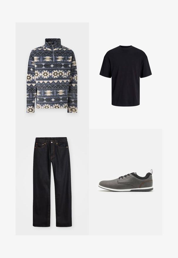 Jack & Jones JORIBIZA HALF ZIP - Polárpulóver - night shadow blue; Fekete pamut póló, kerek nyakkivágással, rövid ujjú és laza fazonú. Simább anyagú, látható minták vagy díszítések nélkül.; Férfi egyenes szabású fekete farmernadrág öt zsebbel és narancssárga varrással, gombos és cipzáros záródással elöl.; Szürke bőr cipők fekete akcentusokkal, kerek orral, fűzős kialakítással, fehér talppal és egy kis húzófüllel a saroknál.