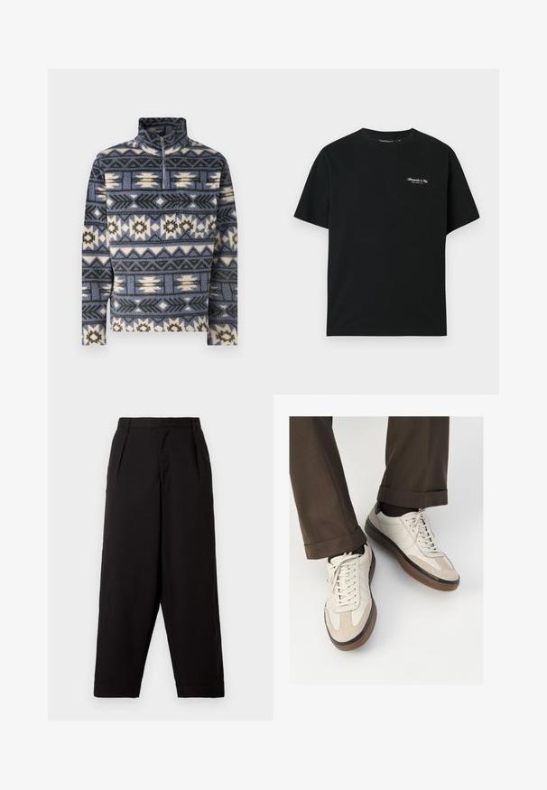 Jack & Jones JORIBIZA HALF ZIP - Fleece jumper - night shadow blue; Black cotton t-shirt with short sleeves, crew neck, and small white text logo on the upper left chest. Smooth texture, relaxed fit.; Black wide-leg trousers made of smooth fabric. Features pleats at the waist and a relaxed fit, ending above the ankle. No visible hardware.; Beige sneakers with a textured suede front, smooth leather sides, and a brown rubber sole. Laces and light stitching detail included.