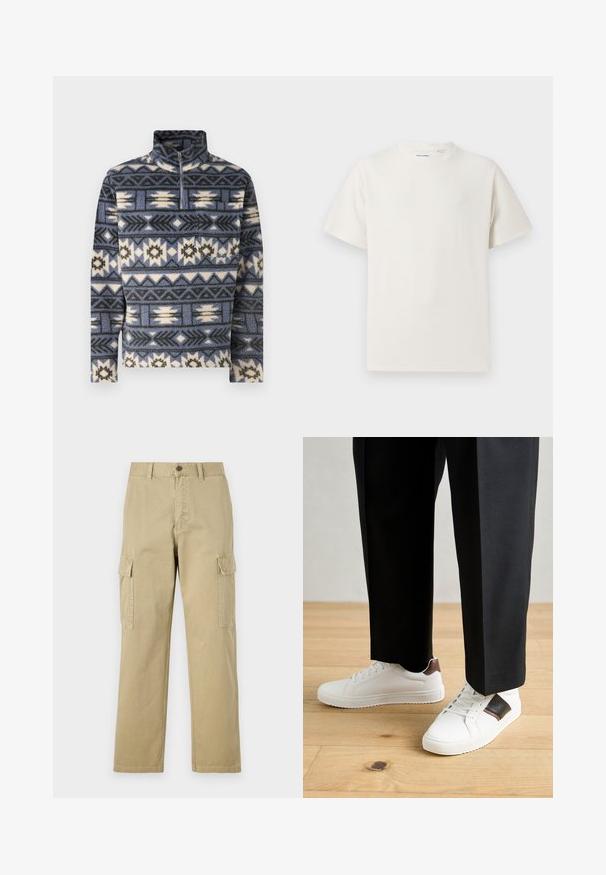 Jack & Jones JORIBIZA HALF ZIP - Fleecepullover - night shadow blue; Weißes T-Shirt mit kurzen Ärmeln in gerippter Textur. Runder Ausschnitt, lockere Passform, keine sichtbaren Muster oder Akzente. Einfaches und vielseitiges Design.; Beige Cargo-Hosen aus Baumwolle, mit zwei Seitentaschen, einem Knopfverschluss und geraden Beinen aus einem leicht strukturierten Stoff.; Weiße Sneakers mit glatter Textur, versehen mit braunen Lederakzenten und schwarzen Details, kombiniert mit schwarzen maßgeschneiderten Hosen. Hintergrund aus Holzboden.