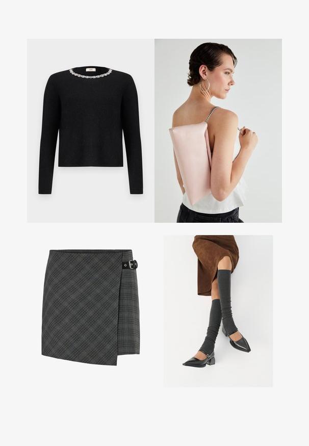 Črn pulover z dolgimi rokavi in okroglo izrezom, okrašen z dekorativnimi kristalnimi detajli okoli ovratnika. Mehak na otip.; Temno siva karo tava volnena krila z black sponka na desni strani, ravno rob, in subtilni diagonalni vzorec.; Črne lakirane čevlje s pointy prsti in blok peto ter z naramnicami za gleženj, ki jih kombiniramo s sivimi rebrastimi nogavicami in rjavim suknjičem iz usnja.; Roza usnjena torbica pravokotne oblike, srebrna verižica, gladka tekstura, nošena na hrbtu. Preprost dizajn brez vidnih vzorcev.