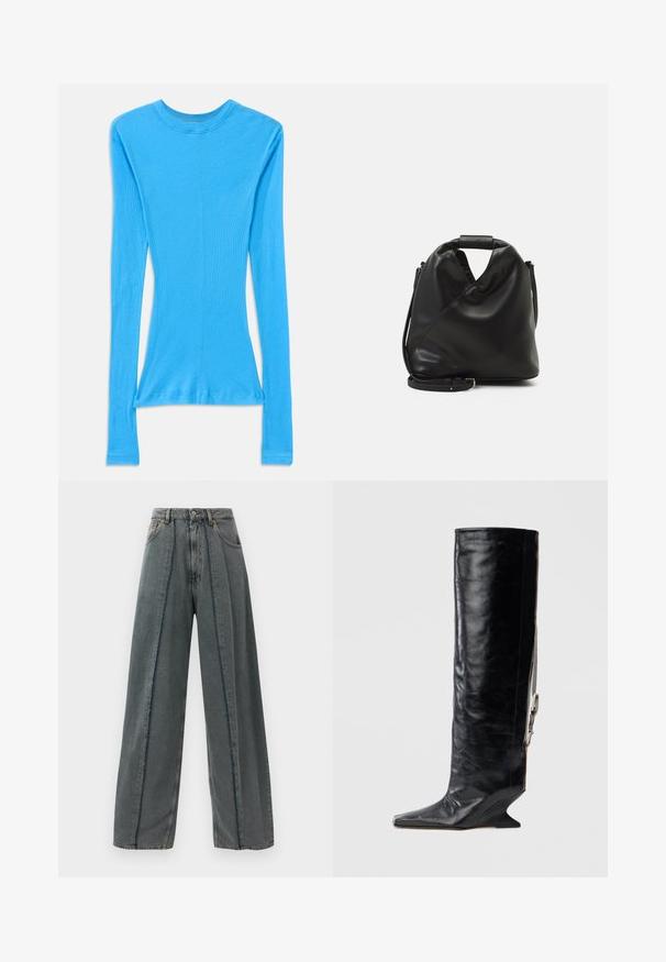 Langsleeve, nauwsluitend top in helderblauw, gemaakt van ribbelstof. Heeft een ronde halslijn en een licht getailleerde taille.; Wijde donkere spijkerbroek met hoge taille, rafelige naaddetails die verticaal langs de voorkant lopen en een klassieke vijf-pocket ontwerp.; Zwart leren laars tot net onder de knie met een puntige neus, unieke sleehak en een kettingaccent aan de zijkant. Zachte textuur met een glanzende afwerking.; Zwarte, zachte leren tas met een unieke gedraaide vorm. Voorzien van een korte handgreep en een afneembare schouderriem. Minimalistische stijl.