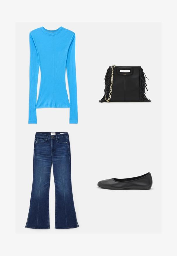 Pikkade varrukatega, figuurile sobiv särgike eredas sinises värvitoonis, valmistatud soonikust kangast. Omab ümmargust kaelust ja kergelt kitsenevat taljeosa.; Tumedat sinised laiad teksad, mis on valmistatud denimist. Omavad kõrget vööd, eesmine taskud ja lõhikud hemmi juures. Klassikaline viie-tasku disain.; Musthave mustika tantsutossud mustast nahast, ümmarguse varbaga, siledast tekstuurist, minimaalse õmblusdetailiga ja paindliku tallakujundusega.; Musta nahk käekott, millel on frantsiisid, kuldne ahelsanga ja lõigatud käepide. Esiosas on logot.