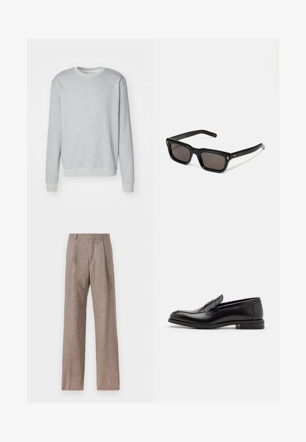 Svetlo šedá mikina z mäkkej bavlny, s okrúhlym výstrihom, dlhými rukávmi a rebrovanými manžetami a lemom. Jednoduchý a voľný strih.; Hnedé, vysoké nohavice vyrobené z texturovanej látky. Majú široké nohavice a dva predné záhyby pre štruktúru. Úhľadné spracovanie bez viditeľného kovania.; Čierne kožené mokasíny s hladkou textúrou, zaoblenou špičkou a dekoračným pásikom cez priehlavok. Nízky vrstvený opätok, minimalistický dizajn.; Čierne obdĺžnikové slnečné okuliare s tmavými sklami, hrubým plastovým rámom, zlatými detailami na spánkoch a vygravírovaným logom značky na ramene.