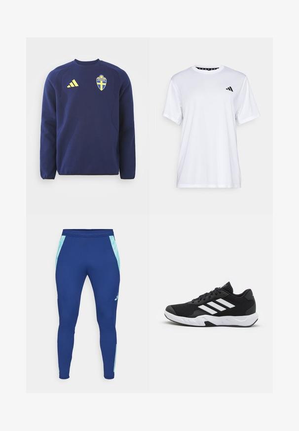 Felpa blu navy con scollo rotondo, maniche lunghe e pannelli spalla testurizzati. Presenta il logo giallo di Adidas e lo stemma della Svezia.; Maglietta sportiva bianca a maniche corte, realizzata in tessuto traspirante. Presenta un logo nero sul lato sinistro del petto e un collo interno a fantasia.; Leggings sportivi blu navy realizzati in materiale elastico, con pannelli laterali azzurri e un design aderente con un fondo stretto alla caviglia.; Scarpe da ginnastica nere con una tomaia in mesh texturizzata, strisce bianche di accento, suola imbottita e tallone rinforzato per supporto.