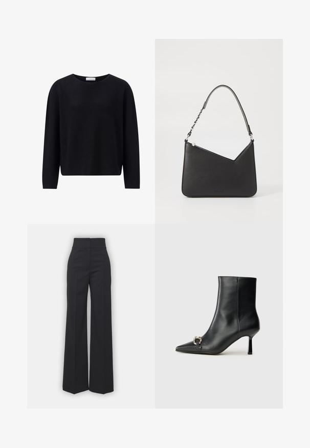 Schwarzer Strickpullover, runder Ausschnitt, lange Ärmel, lockere Passform, glatte Textur und leichter Stretch. Keine sichtbaren Muster oder Beschläge.; Weite Hosen aus schwarzem Stoff mit hohem Bund, die eine saubere Verarbeitung und glatte Textur aufweisen. Keine sichtbaren Beschläge oder Muster.; Schwarze Leder-Stiefelette mit spitzer Zehe, schlankem, mittelhohem Absatz und silberner Schnalle seitlich vor einem schlichten Hintergrund.; Schwarze Lederhandtasche in dreieckiger Form, mit schmalem Tragegurt und silbernem Zubehör. Sie verfügt über einen Reißverschluss und ein geprägtes Logo auf der Vorderseite.