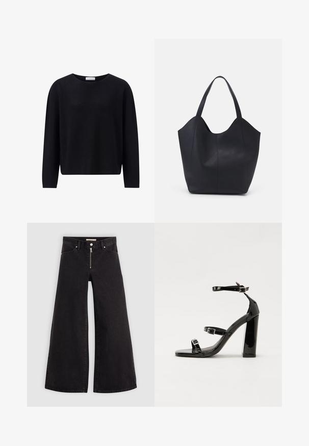 Černý pletený svetr, kulatý výstřih, dlouhé rukávy, volný střih, hladká textura a mírná pružnost. Žádné viditelné vzory ani kovové prvky.; Džíny s širokými nohavicemi v černém denimovém provedení se zipem vpředu, pěti kapsami a jemnými švy. Hladká textura a ležérní styl.; Černé lakované sandály na podpatku se čtveratou špičkou, lýtkovými pásky a stříbrnými přezkami. Disponují masivním blokovým podpatkem pro stabilitu.; Černá taška přes rameno vyrobená z hladké kůže, s zakřiveným, otevřeným vrchem a dvěma ramenními popruhy, s minimalistickým designem.