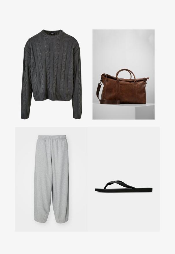 Mørkegrå kabelstrikket genser med rund hals, senkede skuldre og ribbestrikket hem. Har teksturerte mønstre over hele.; Lys grå, løse joggebukser laget av myk stoff. Elastisk midje og mansjetter ved anklene. Enkelt og uten pynt.; Svarte gummiflip-flopsandaler med en teksturert stropp og enkel flat såle, vist fra siden på en enkel lys bakgrunn.; Brun lær duffelbag med glidelås, doble håndtak, justerbar skulderreim og synlige teksturmønstre på overflaten.