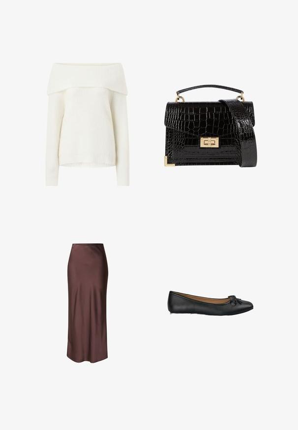 Off-the-shoulder white knit sweater with ribbed texture, long sleeves, and a relaxed fit. Features a wide, folded neckline and ribbed cuffs.; Brown satin midi skirt with a smooth texture, fitted waist, and a straight silhouette, featuring a subtle sheen and no visible patterns.; Black leather ballet flats with a rounded toe and a small bow detail on the front. Smooth texture and a flat sole design.; Black patent leather handbag with a crocodile texture, gold hardware, a top handle, and a detachable shoulder strap. Rectangular shape with a flap closure.
