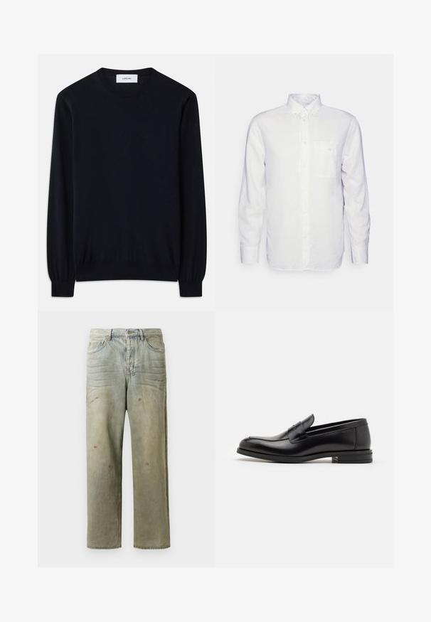 Schwarzer Rundhals-Pullover aus einem glatten Strickgewebe. Lange Ärmel mit eng anliegenden Bündchen und eine lockere Passform am gesamten Körper.; Langärmliges, weißes Hemd aus Baumwolle mit Button-Down-Kragen, Fronttasche und normalem Schnitt. Strukturierter Stoff mit glatter Oberfläche.; Distressed Denim-Jeans in Hellgrün, mit geradem Bein, Fünf-Taschen-Design und ungleichmäßiger Ausbleichung sowie Farbspritzern.; Schwarze Lederloafers mit glatter Textur, rundem Zehenbereich und einem dekorativen Riemen über dem Vorderfuß. Niedriger, gestapelter Absatz, minimalistisches Design.