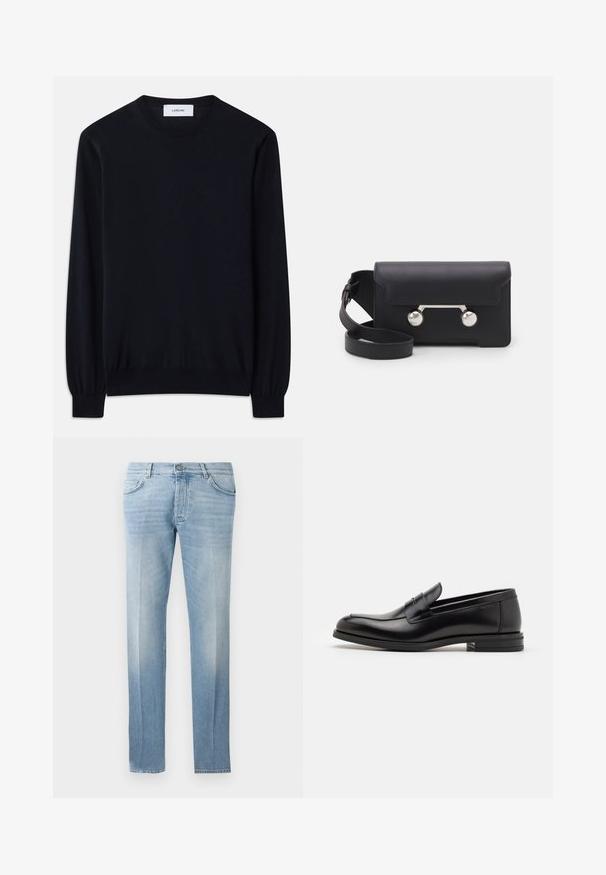 Fekete kereknyakú pulóver sima kötött anyagból. Hosszú ujjak szűk mandzsettával és laza illeszkedés a testtől.; Világoskék farmernadrág egyenes lábbal, enyhe kopással, öt zsebbel és gombos derékzárral.; Fekete bőr loaferek sima textúrával, kerek orral és dekoratív pánttal a vampnál. Alacsony, rétegelt sarkú, minimalista dizájn.; Fekete bőr keresztpántos táska hajtókával, ezüst színű kiegészítőkkel és két kerek díszítéssel. Levehető pánttal rendelkezik. Simább textúrájú.