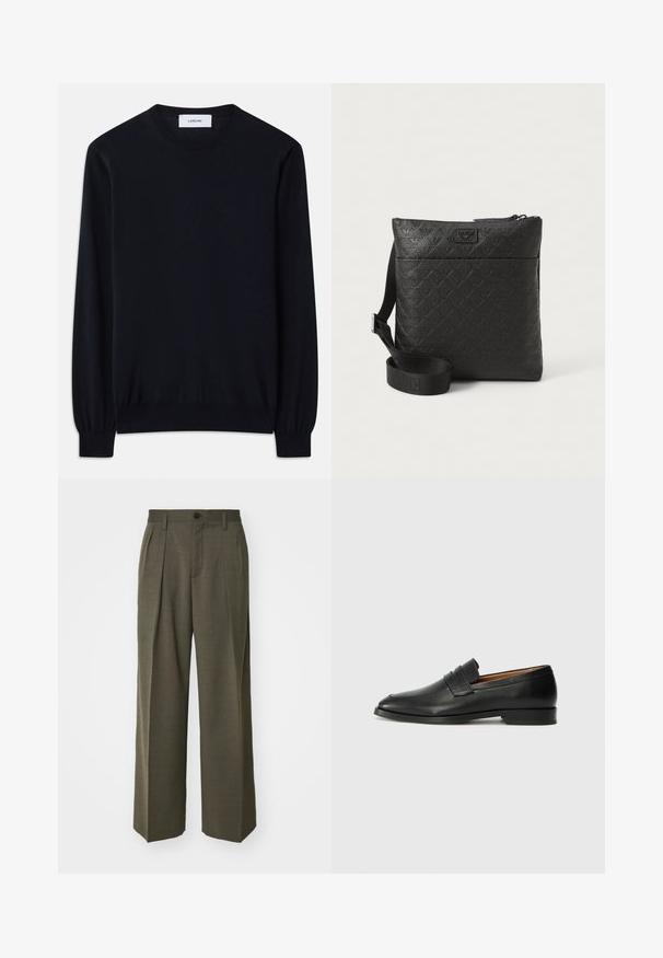 Svart genser med rund hals laget av et glatt strikket materiale. Lange ermer med tettsittende mansjetter og en avslappet passform gjennom hele kroppen.; Filippa K WIDE TROUSERS - Bukse - driftwood; Svart skinnloafer med rund tå, subtilt sydd detaljering og lav hæl, med en glatt tekstur og minimalistisk design.; Svart crossover-veske laget av teksturert syntetisk materiale. Har glidelås, justerbar stropp og preget logo på forsiden.