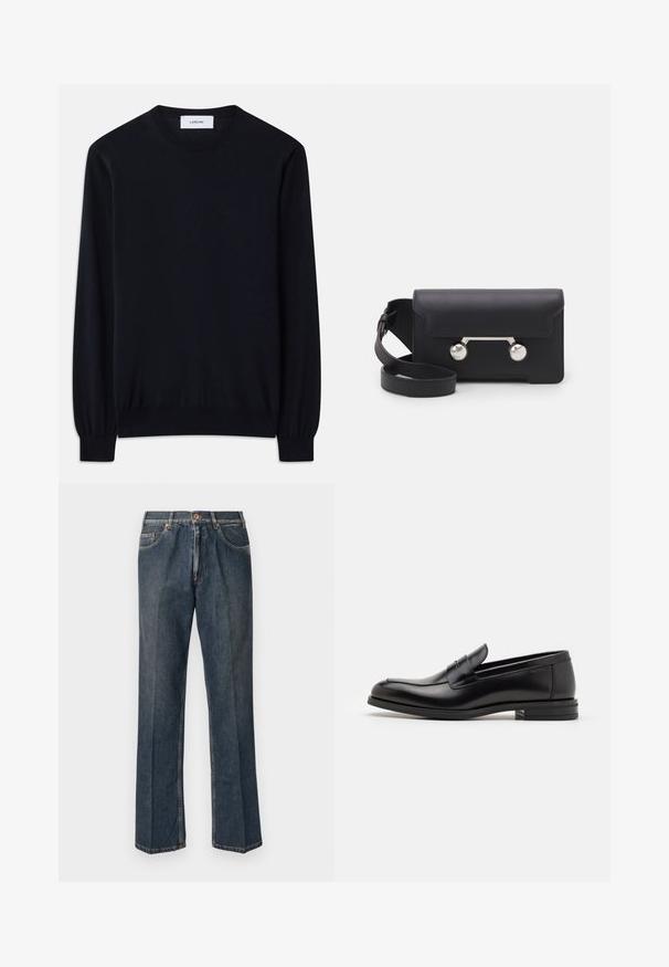 Juodas apvalios iškirptės megztinis, pagamintas iš lygios megztos medžiagos. Ilgos rankovės su priglundančiais manžetais ir laisvas siluetas visame kūne.; Tamsiai mėlynos tiesios kojos džinsai su priekiniais mygtukais, užtrauktuku, dviem priekinėmis kišenėmis ir matomomis vertikaliomis raukšlėmis nuo kelnių šonų.; Juodos odinės loafers, turinčios lygų paviršių, apvalią noselę ir dekoratyvinę juostą per priekinę dalį. Žemas krentantis kulnas, minimalistinis dizainas.; Juodas odinis kryžminis krepšys su sklendės uždarymu, sidabro spalvos detalėmis ir dviem apvaliais akcentais. Yra nusiimamas diržas. Lygus paviršius.