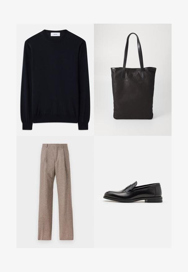 Černý svetr s kulatým výstřihem vyrobený z hladkého pleteného materiálu. Dlouhé rukávy s úzkými manžetami a volný střih po celém těle.; Hnědé kalhoty s vysokým pasem vyrobené z texturované látky. Mají široké nohavice a dva přední sklady pro strukturu. Úhledné provedení bez viditelné kovových částí.; Černé kožené polobotky s hladkou texturou, zaoblenou špičkou a zdobným páskem přes nárt. Nízký stohovaný podpatek, minimalistický design.; Černá plátěná taška s černými koženými uchy. Jednoduchý design, prostorné tělo a hladký povrch. Žádné viditelné loga ani vzory.