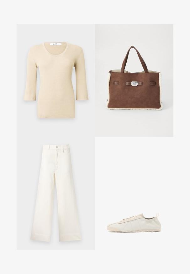 Top à manches longues en beige côtelé avec un décolleté arrondi. La texture est lisse et ajustée. Des poignets évasés ajoutent un détail de design subtil.; Pantalons large en coton beige clair. Dotés d'une taille haute, de poches latérales et d'une coupe droite. Finition ourlet propre sans motifs.; Baskets en cuir crème avec un bout rond, design à lacets, accents texturés et semelle en caoutchouc texturé avec un motif de traction en zigzag.; Sac fourre-tout en suède marron avec des bordures en fausse fourrure crème douce, doubles poignées et un fermoir rectangulaire en argent sur fond blanc uni.