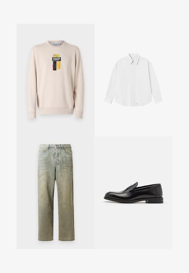 Felpa beige con collo a giro, decorata con vari patch ricamati, tra cui "SBSP" e "ICEBERG". Tessuto liscio, maniche lunghe.; Camicia bianca con colletto classico, maniche lunghe e orlo arrotondato; presenta un piccolo logo arancione sul lato sinistro in basso.; Jeans in denim strappato di colore verde chiaro, con gamba dritta, design a cinque tasche, sbiaditure irregolari e schizzi di vernice.; Mocassini neri in pelle con una texture liscia, punta arrotondata e una striscia decorativa sulla tomaia. Tacco basso impilato, design minimalista.
