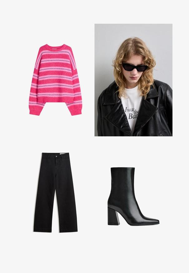 Růžový pruhovaný svetr s kulatým výstřihem, který obsahuje různé odstíny růžové a fialové. Měkká textura a volný střih s dlouhými rukávy.; Černé denimové kalhoty s volným střihem a vysokým pasem, vybavené předními a zadními kapsami, prošívanými švy a knoflíkovým zapínáním. Hladká textura.; Černá kožená kotníková bota s špičatou špičkou a vysokým blokovým podpatkem. Hladká textura s elegantním siluetou a pevným designem základny.; Černé sluneční brýle s hladkým, ostrým designem. Modelka má na sobě černou koženou bundu přes bílé tričko s potiskem, na neutrálním pozadí.; Černá lakovaná kožená kabelka s křivkovým tvarem, jedním ramenním popruhem, předními kapsami a stříbrnými kovovými detaily.