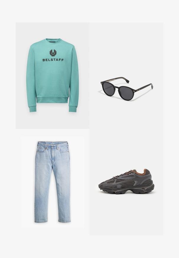 Belstaff SIGNATURE CREW NECK - Sweatshirt - oil blue; Light blue denim jeans with a straight leg design, five-pocket style, and contrasting stitching. Button and zipper closure at the waist.; Lacoste sneakers in dark gray with mesh and synthetic material, featuring a textured sole and brown accents on the collar and branding.; BOSS Sunglasses - black