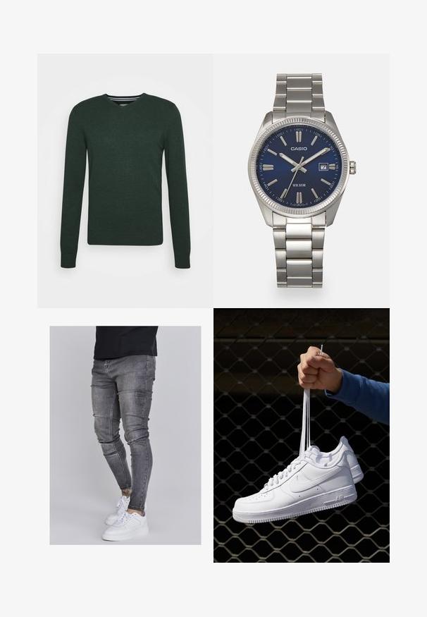 Ciemnozielony sweter w serek. Wykonany z dzianiny, z długimi rękawami, ściągaczami na mankietach i prostym dołem. Posiada subtelną teksturowaną powierzchnię.; Wąskie dżinsy w wyblakłym szarym denimu, z przetarciami na kolanach, zestawione z białymi trampkami. Gładka faktura, fason dopasowany.; Białe skórzane sneakersy z perforacjami, okrągłym noskiem, płaską podeszwą i grubymi sznurówkami, z widocznym logo swoosh i napisem „AIR” na pięcie.; Srebrny zegarek na stalowej bransolecie z niebieską tarczą, metalowymi indeksami godzinowymi oraz okienkiem daty na godzinie 3. Wodoodporny do 50 metrów.