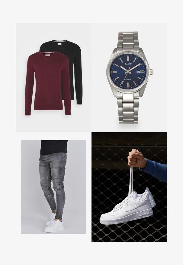 Két V-nyakú pulóver bordó és fekete színben. Mindkettő hosszú ujjú, bordázott mandzsettával készült, puha kötött anyagból. Csíkos nyakrészi részlet.; Fakó szürke farmerből készült skinny farmernadrág, térdén kopott részletekkel, fehér sportcipővel párosítva. Simább anyag, karcsú szabás.; Fehér bőr sportcipők perforációval, kerek orral, lapos talppal és vastag fűzőkkel, látható swoosh logóval és "AIR" felirattal a sarokrészen.; Ezüst színű rozsdamentes acél karóránk sötétkék számlapja van, fém óraszámlálókkal és egy dátumablakkal a 3 órás pozícióban. 50 méterig vízálló.
