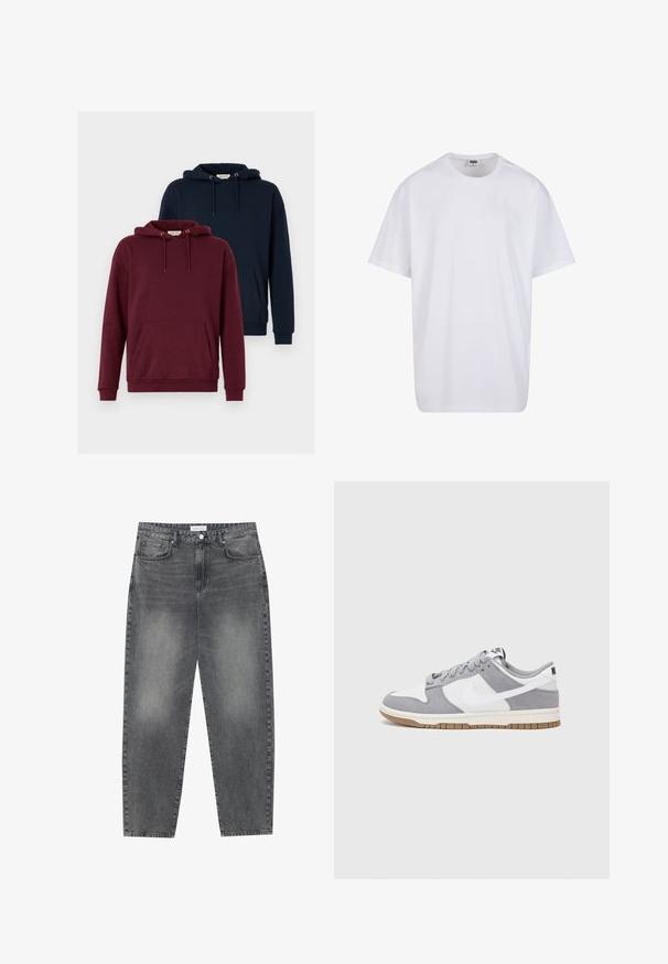 Dos sudaderas: una burdeos y una azul marino. Ambas cuentan con un bolsillo canguro en el frente, capuchas con cordón, puños acanalados y una textura de tela suave.; Camiseta blanca de algodón con mangas cortas, cuello redondo, corte relajado y sin logotipos ni patrones visibles. Textura suave y diseño minimalista.; Jeans de cintura alta y corte holgado en denim negro desgastado. Con cinco bolsillos, pasadores para el cinturón y un diseño de pierna recta y limpia.; Zapatilla gris y blanca con parte superior de ante y cuero, puntera redondeada, cordones planos y suela de goma con un acento de goma.