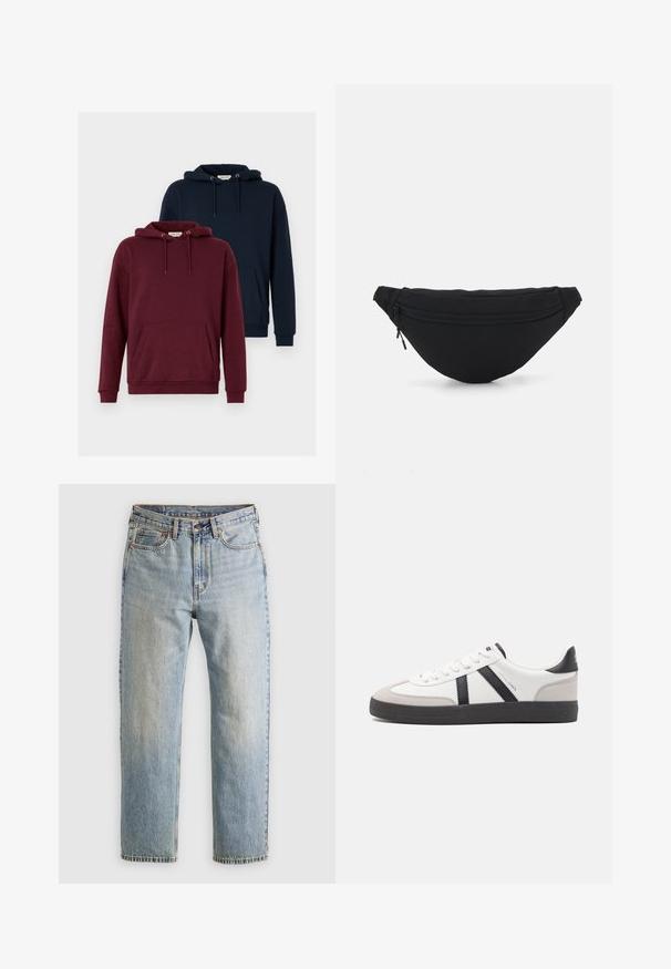 Twee hoodies: één bordeauxrood en één marineblauw. Beide hebben een voorste kangoeroezak, een capuchon met trekkoord, ribgebreide manchetten en een zachte stoftextuur.; Lichtblauwe denim jeans met hoge taille, frontknop, rits en vijfzakkenontwerp, plat gelegd op een neutrale achtergrond.; Witte sneaker met zwarte en grijze accenten, voorzien van een grijze neus met textuur, zwarte rubberen zool en platte witte veters. Schoon ontwerp, minimalistische stijl.; Zwarte stof heuptas met een afgeronde vorm, voorzak met rits en een gladde textuur. Geen zichtbare patronen of accenten. Lichtgewicht ontwerp.
