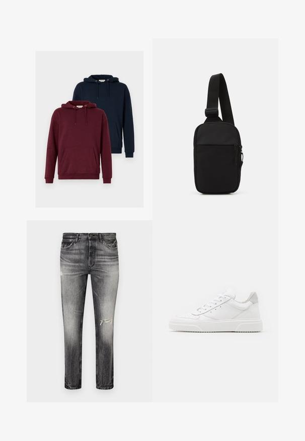 Kaks kapuutsi: üks burgoonivärvi ja teine tumesinine. Mõlemal on ees kangaroo tasku, nööridega kapuuts, soonikkoes varrukad ja pehme kangast tekstuur.; Kohanud mustad teksad sirge lõikega, millel on kulunud kohad, ees taskud ja klassikaline nupplikku.; Valged nahast spordijalatsid siledast nahast viimistlusega, ümarate varvastega, lamekestega ja tekstuuriga tallaga. Hall suede aktsent kanna juures.; Mustmust crossbody kott mustekangast, millel on üks reguleeritav rihm, lukuga põhiosas ja eesmine tasku.