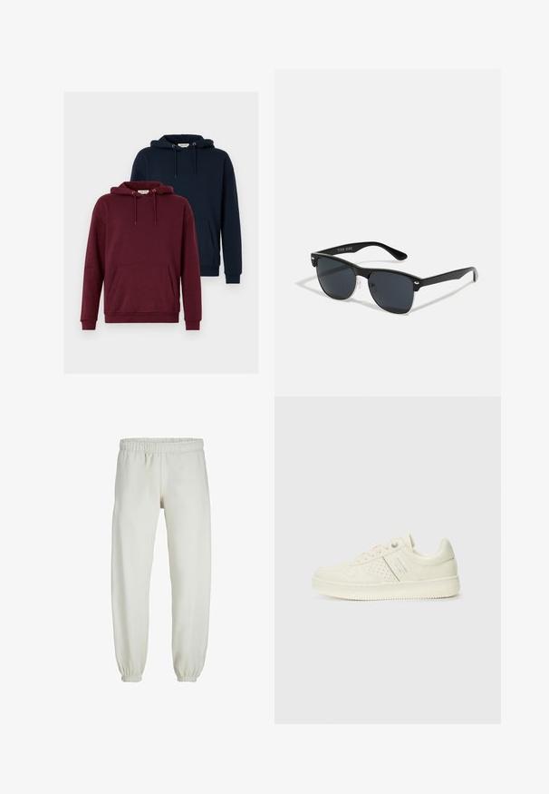 Du sutrikę džemperiai: vienas bordo, o kitas tamsiai mėlynas. Abi turi priekinę kengūros kišenę, suveriamas kapuces, raukšlėtus rankogalius ir minkštą audinio tekstūrą.; Baltos sportinės kelnės, pagamintos iš minkštos medžiagos, su elastinga juosmeniu ir rankogaliais, turinčios lygią tekstūrą ir laisvą siluetą.; Kremo spalvos sportbačiai su perforuotomis detalėmis, raišteliais ir logotipu šone, išdėstyti prieš paprastą baltą foną.; Juodos saulės akinių su stačiakampiu rėmeliu, tamsiais lęšiais, sidabrinėmis detalėmis šventrajose ir matinio paviršiaus rėmeliu.