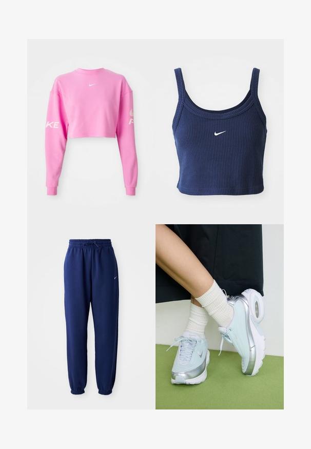 Roosa lühike sviiter, mis on valmistatud puuvillasegistusest, pikkade varrukatega. Rinna peal valge Nike logo ja tekst vasakul varrukal. Sile tekstuur.; Tumed sinine lühike tank top, mis on valmistatud ribakudumist, ümarate kaeluste ja kitsaste varrukatega, mille esiküljel on väike valge Nike logo.; Tumesinine dressipluus, mis on valmistatud pehmest kangast, elastse vöökoha ja nööriga, elastsete mansettide ning väikese valge logoga.; Heled sinine tennis, millel on hõbedased detailid, tekstureeritud ülemine osa, pehme põhi ja nähtav õhukamber. Kombineeritud valgete ribadega sokkidega.