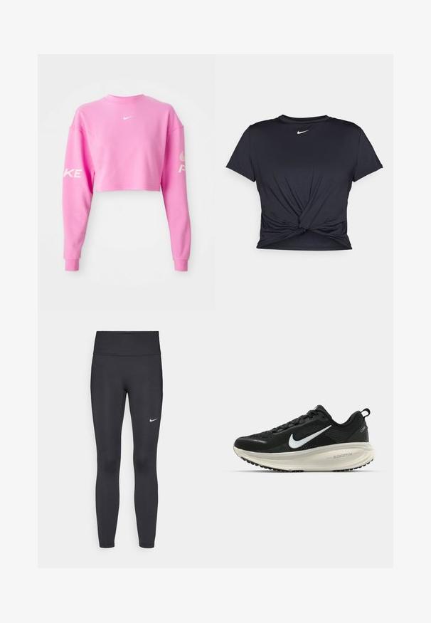 Pink cropped sweatshirt made of cotton blend, featuring long sleeves. White Nike logo on chest and text along left sleeve. Smooth texture.; Black athletic t-shirt made of smooth fabric, featuring a knotted front design and a small white Nike logo on the chest.; Black leggings made of stretchy fabric, featuring a high waistband and a white Nike logo on the left thigh. Smooth texture, form-fitting design.; Black Nike running shoe with breathable mesh upper, white swoosh logo, textured detailing, and a cream-colored ZoomX midsole.
