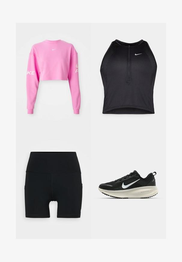 Felpa cropped rosa in misto cotone, con maniche lunghe. Logo Nike bianco sul petto e testo lungo la manica sinistra. Texture liscia.; Top corto atletico nero con zip frontale, dettagli in rete e un design aderente. Realizzato in tessuto elasticizzato e traspirante. Logo Nike sul davanti.; Pantaloni sportivi neri realizzati in materiale elasticizzato, con vita alta, design aderente e cuciture flatlock per comfort e durata.; Scarpa da corsa nera Nike con tomaia in rete traspirante, logo Swoosh bianco, dettagli testurizzati e intersuola ZoomX di colore crema.