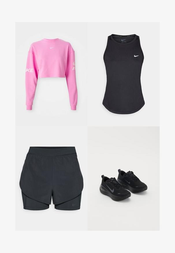 Rosa beskuren sweatshirt i bomullsmix med långa ärmar. Vit Nike-logotyp på bröstet och text längs vänster ärm. Slät textur.; Svart atletisk linne gjort av fuktavvisande material. Har rund halsringning, smal passform och vit Nike-logotyp på bröstet.; Svarta träningsshorts med ett lagerdesign, med ett slätt yttre lager och en åtsittande inre short. Tillverkade av lätt, elastisk tyg.; Svarta träningsskor med en texturerad ovandel, snörningsdesign och en tjock, vadderad sula. Har en grå Nike-logotyp på varje sida.