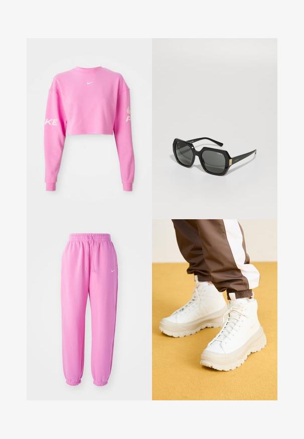 Roze cropped sweatshirt van een katoenmix, met lange mouwen. Witte Nike-logo op de borst en tekst langs de linker mouw. Gladde textuur.; Roze sweatpants met een elastische tailleband en trekkoord. De broekspijpen zijn verzameld. Heeft een klein wit Nike-logo op de linker bovenbeen.; Witte hoge sneakers met een chunky, gestructureerde zool, voorzien van een gladde bovenkant, ronde neus en tonale veters, tegen een gele achtergrond.; Zwarte zonnebril met een geometrische vorm, donkere lenzen, dikke montuur en een gouden accent op de slapen met de merknaam "Vogue."