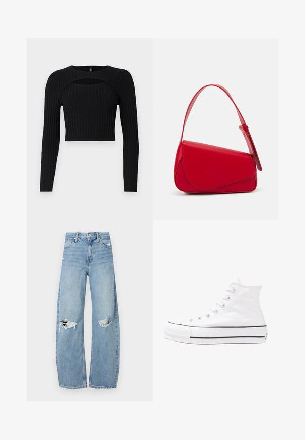 Svart croppad topp med långa ärmar, ribbad yta och en unik utskärning vid bröstområdet. Tillverkad av ett mjukt stickat material.; Ljusblå, högmidjade jeans i denim. Har vida ben, två slitna knäområden och klassisk femfickedesign.; Vit hög topp canvas sneaker med svart gummisulan, framsidan gummitåhätta och sex öglor för snören, med en ren, minimalistisk design.; Röd läderhandväska med en vinkelrät, geometrisk design. Har ett justerbart axelband och en klaffstängning med sydda detaljer.