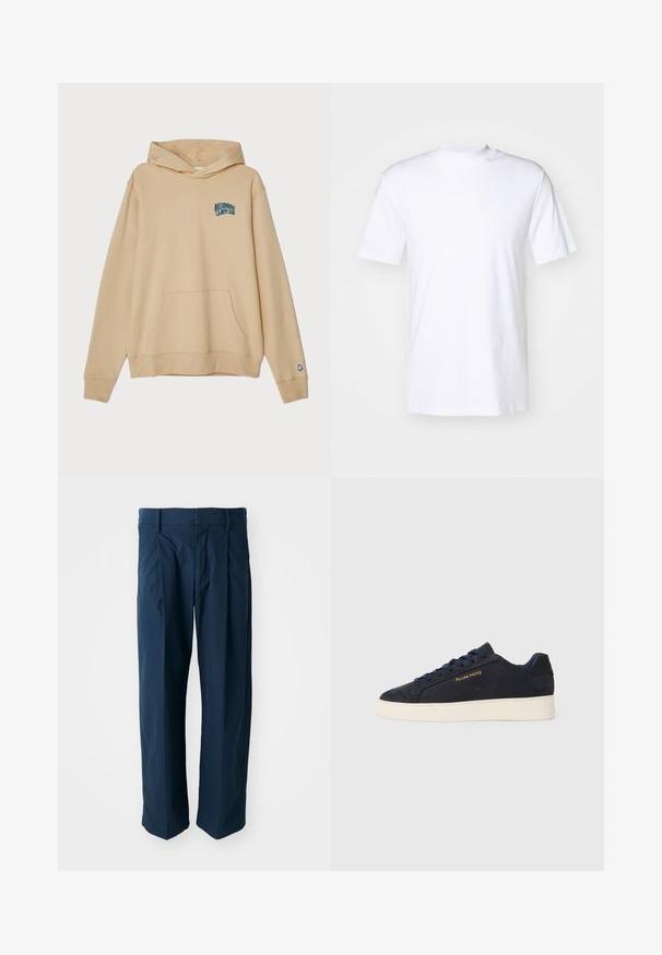 Šviesiai rudos spalvos gobtuvas, pagamintas iš minkštos medvilnės, su priekinėmis kišenėmis ir mėlynai siuvinėtu "Billionaire Boys Club" logotipu.; Balti trumpa rankovėmis marškinėliai, pagaminti iš medvilnės, su apvaliu iškirpimu ir tiesiu kraštu. Lygus paviršius, be matomų raštų ar akcentų.; Tamsiai mėlynos medvilninės kelnės, turinčios laisvą siluetą, priekinės klostės ir plokščias liemens juosta su diržo kilpomis.; Tamsiai mėlynos zomšos žemos batai su balta siaura, tamsiai mėlynais raišteliais ir auksiniu logotipu „Filling Pieces“ šone.