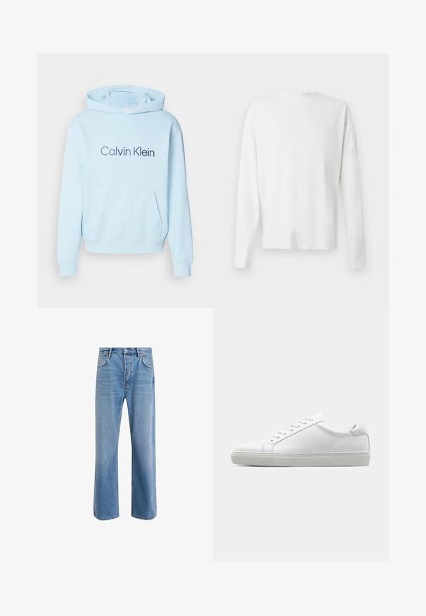 Felpa blu chiaro realizzata in tessuto morbido, dotata di una tasca frontale e di un logo "Calvin Klein" stampato in blu scuro.; Camicia bianca in cotone a maniche lunghe con scollatura rotonda, spacchi laterali in fondo e una texture liscia, mostrata da dietro.; Jeans in denim blu chiaro con design a gamba dritta, cinque tasche, chiusura con bottone, leggero sbiadimento e dettagli di cucitura a contrasto.; Sneaker bianco con tomaia in pelle liscia e profilo basso. Presenta una punta arrotondata, sei occhielli e una suola in gomma testurizzata.