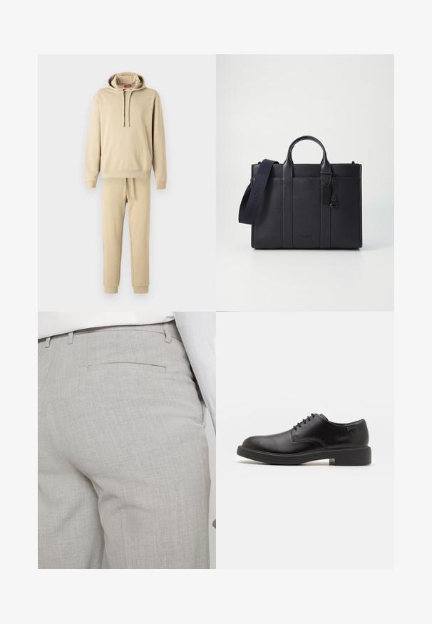 Bež dukserica i trenirka od mekanog materijala. Dukserica ima uže za stezanje i prednji džep; trenirke imaju elastičnu gumicu u struku.; Svijetlosive krojene hlače od teksturiranog materijala, s jednim stražnjim džepom i čistim šavovima.; Crne kožne cipele s vezanjem i zaobljenim vrhom, glatke teksture, minimalnim šavovima i niskim gumiranim potplatom. Logo se nalazi na peti.; Tamno plavi kožni aktovka s dvije gornje ručke i odvojivim remenom. Ima teksturiranu površinu, vertikalno šivenje i detalj s logotipom.