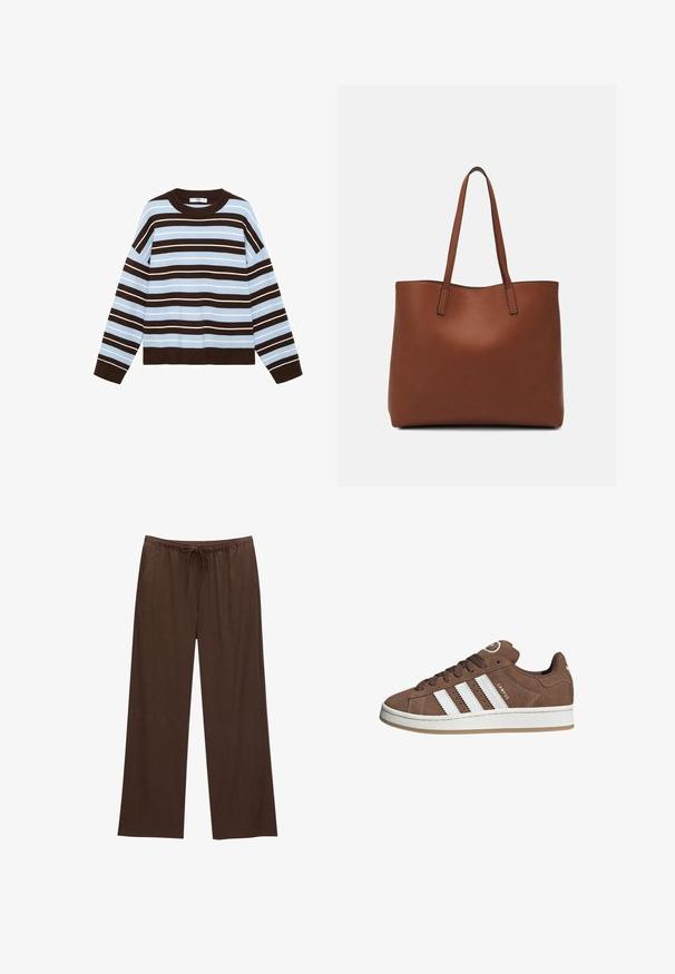 Džemper s dugim rukavima od pletene tkanine, s horizontalnim smešnim i svijetloplave pruge, okruglim izrezom, te rebrastim manžetama i donjim rubom.; Smeđe široke hlače izrađene od mekanog materijala, s elastikom u struku i vezicom te dva bočna džepa.; Smeđe nubuk tenisice s bijelim kožnim prugama, gumeni potplat, okrugli nos i vezanje sprijeda. Imaju logo na jeziku i perforirane detalje.; Smeđa kožna torba preko ramena s glatkom teksturom, otvorenim vrhom i dvjema naramenicama. Ima minimalne šavove i nema vidljivog hardvera.