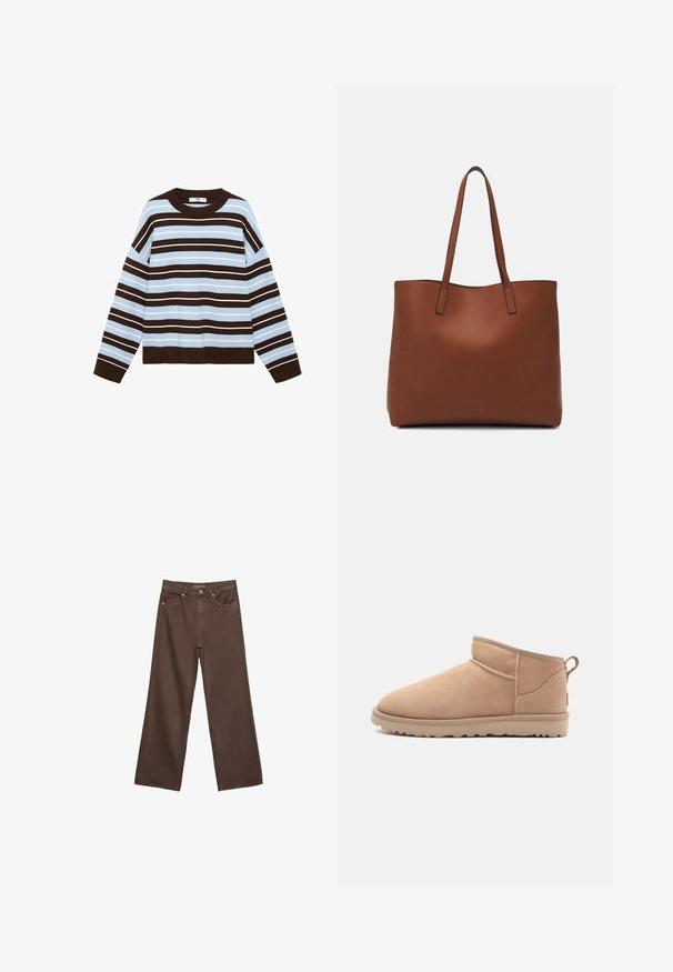 Pitkähihaista neulepaitaa, jossa on vaakasuoria ruskeita ja vaaleansinisiä raitoja, pyöreä pääntie sekä röyhelötyynyt ja helma.; Leviittävät ruskeat farkut, jotka on valmistettu denimistä, korkea vyötärö, etutaskut ja klassinen nappikiinnitys. Silkkinen pinta hienovaraisella ompelutyöllä.; Tan suede nilon kaki dengan ujung bulat, tekstur lembut, desain sederhana, dan sol karet profil rendah. Dilengkapi dengan tab tarik di belakang.; Ruskea nahkainen olkalaukku, jossa on sileä pinta, avoin yläosa ja kaksi olkahihnaa. Omaavat vain minimaalisen ompelun eikä näkyvää metalliosaa.